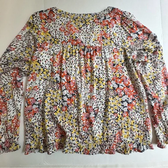 LOFT Petite Floral Split-Neck Blouse Ruffle Hem Long Sleeve Small SP - Picture 13 of 15